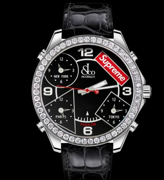 Jacob and Co Replica Watch Supreme Four Time Zone BLACK LACQUERED DIAL (40MM)
